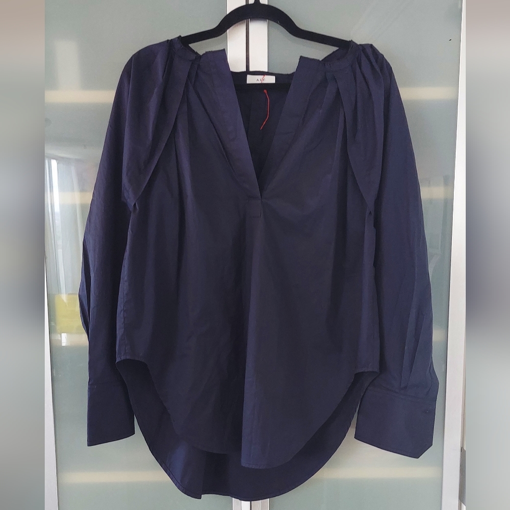 A.L.C. Nomad Pleated Shoulder Long sleeve Top Navy Blue Size 14 NWOT
